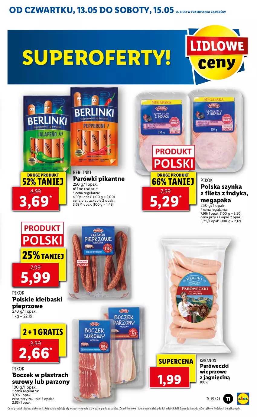 Gazetka promocyjna Lidl - GAZETKA - ważna 13.05 do 15.05.2021 - strona 11 - produkty: Berlinki, Boczek, Gra, Kabanos, Kiełbaski pieprzowe, Parówki, Pieprz, PIKOK, Szynka