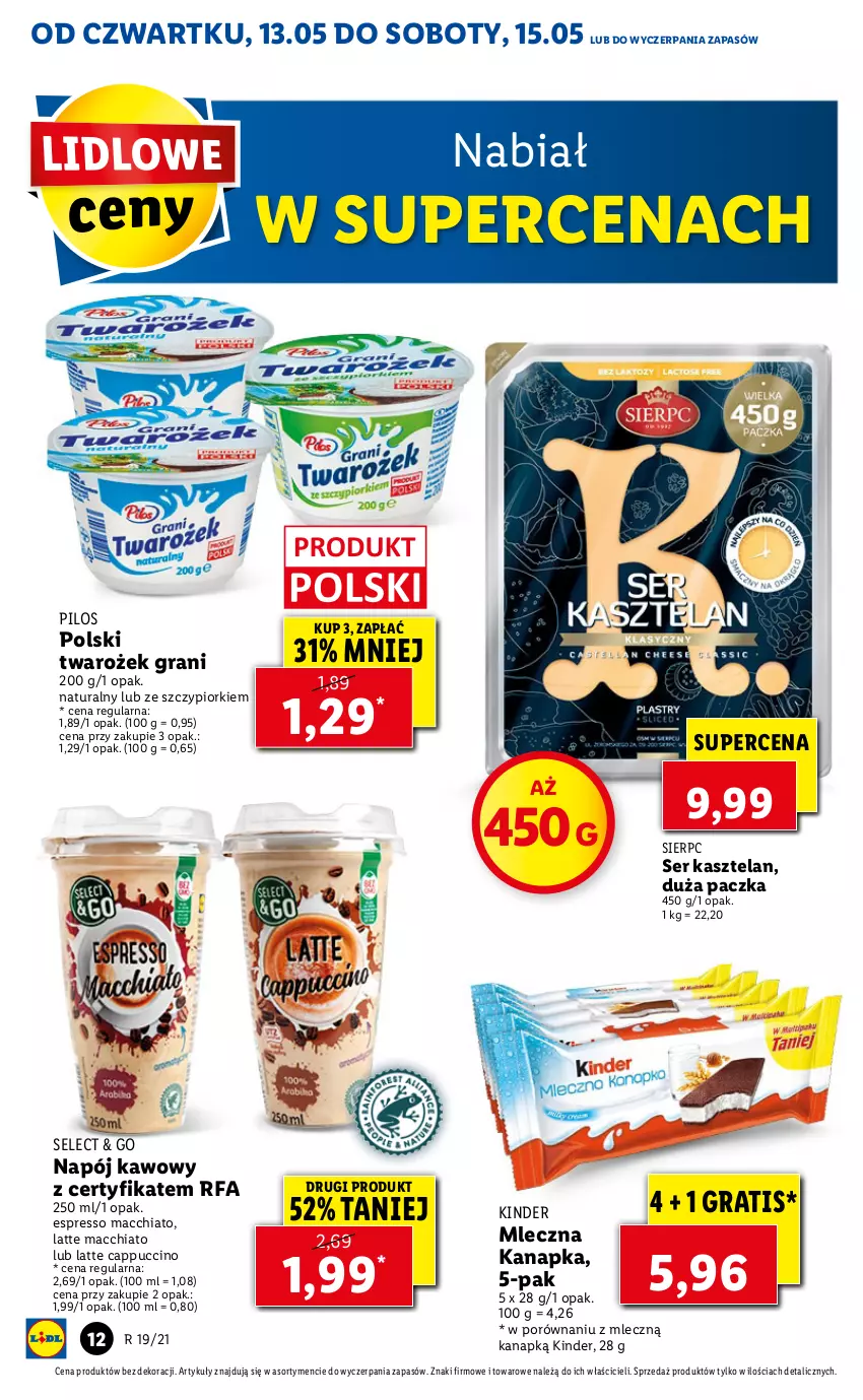 Gazetka promocyjna Lidl - GAZETKA - ważna 13.05 do 15.05.2021 - strona 12 - produkty: Cappuccino, Chia, Fa, Gra, Kasztelan, Kinder, Mleczna kanapka, Napój, Pilos, Por, Ser, Ser Kasztelan