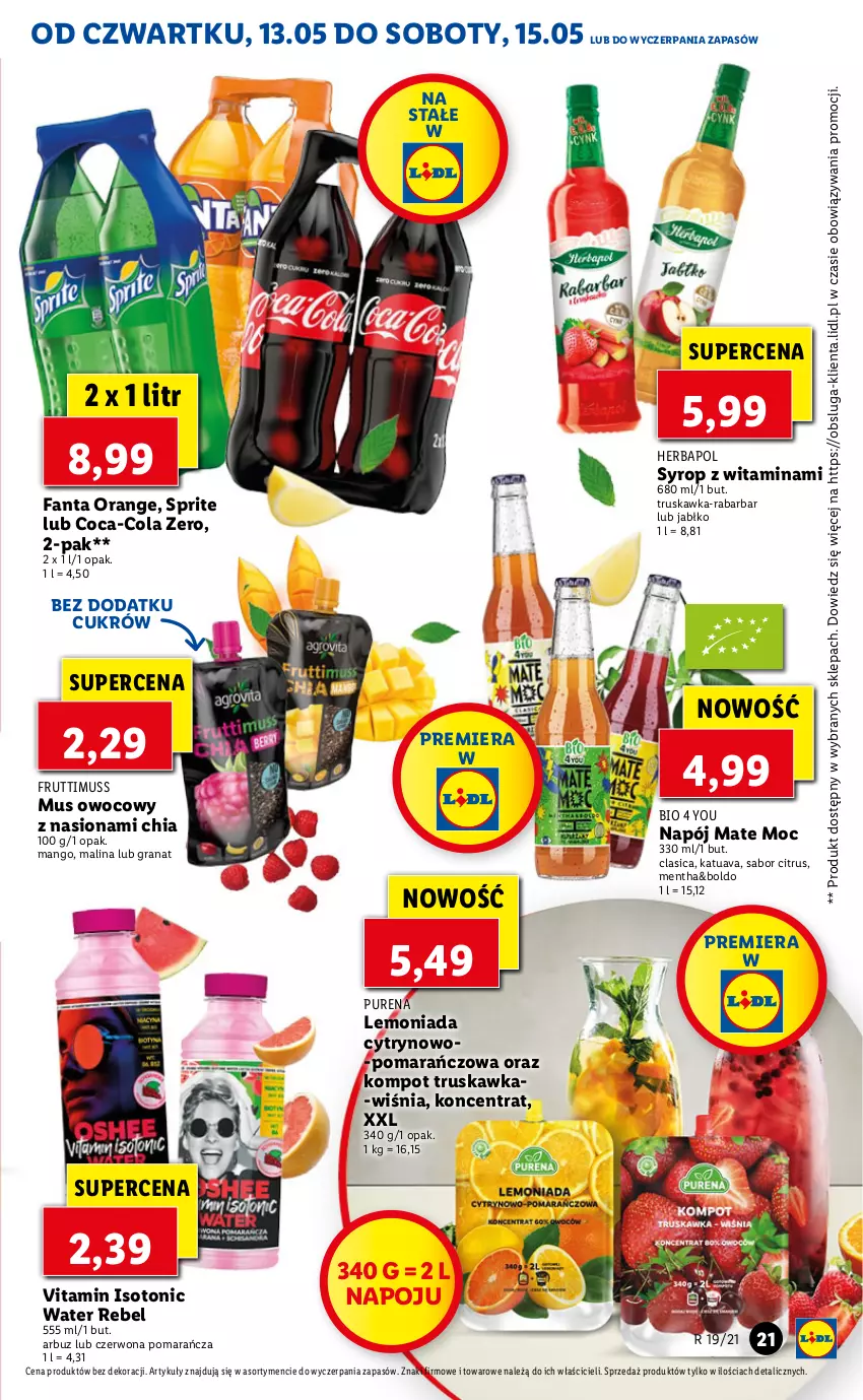 Gazetka promocyjna Lidl - GAZETKA - ważna 13.05 do 15.05.2021 - strona 21 - produkty: Arbuz, Chia, Coca-Cola, Fa, Fanta, Gra, Granat, Herbapol, Lemoniada, Mango, Mus, Napój, Pur, Sprite, Syrop