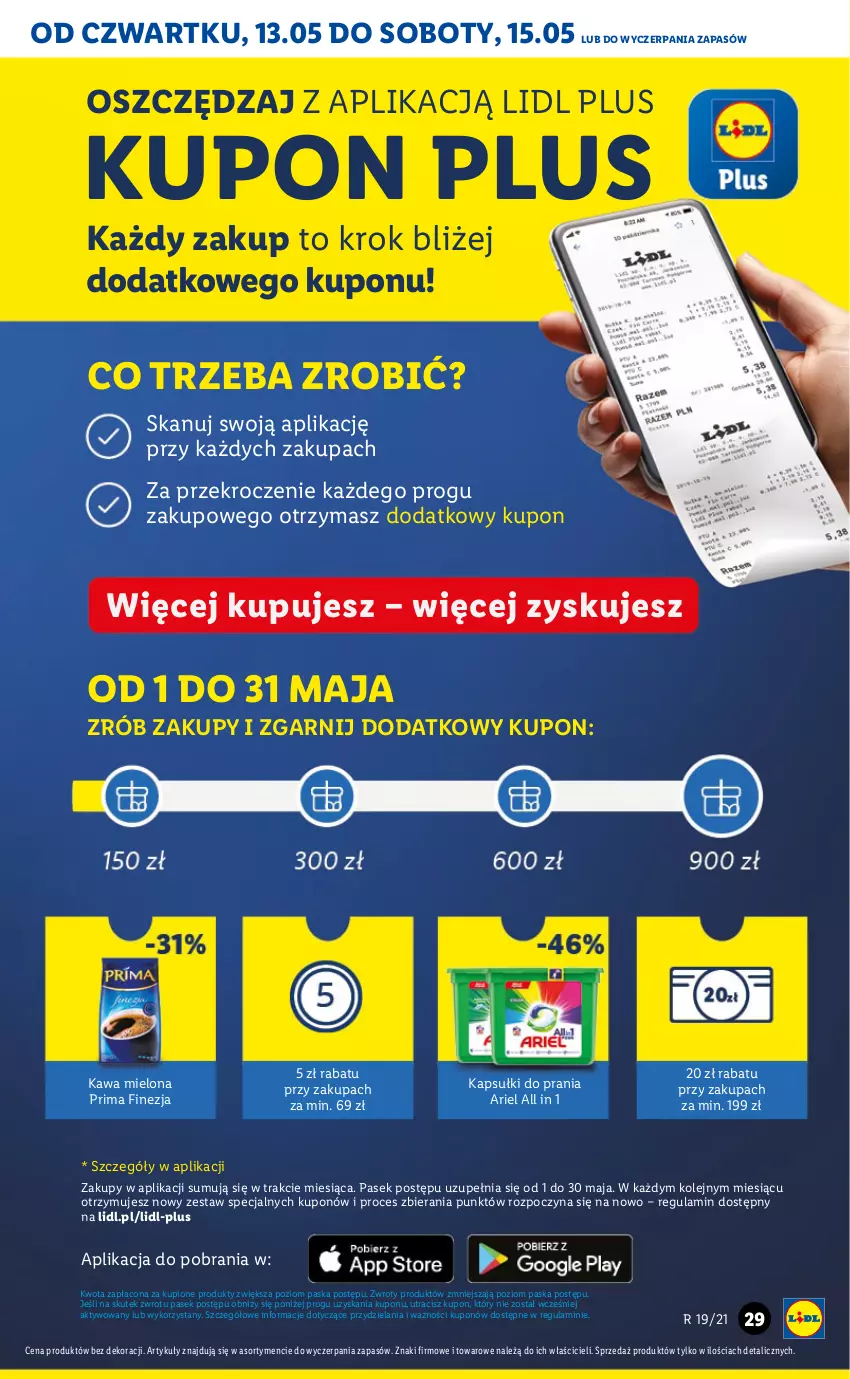 Gazetka promocyjna Lidl - GAZETKA - ważna 13.05 do 15.05.2021 - strona 29 - produkty: Ariel, Kapsułki do prania, Kawa, Kawa mielona, Olej, Pasek, Prima