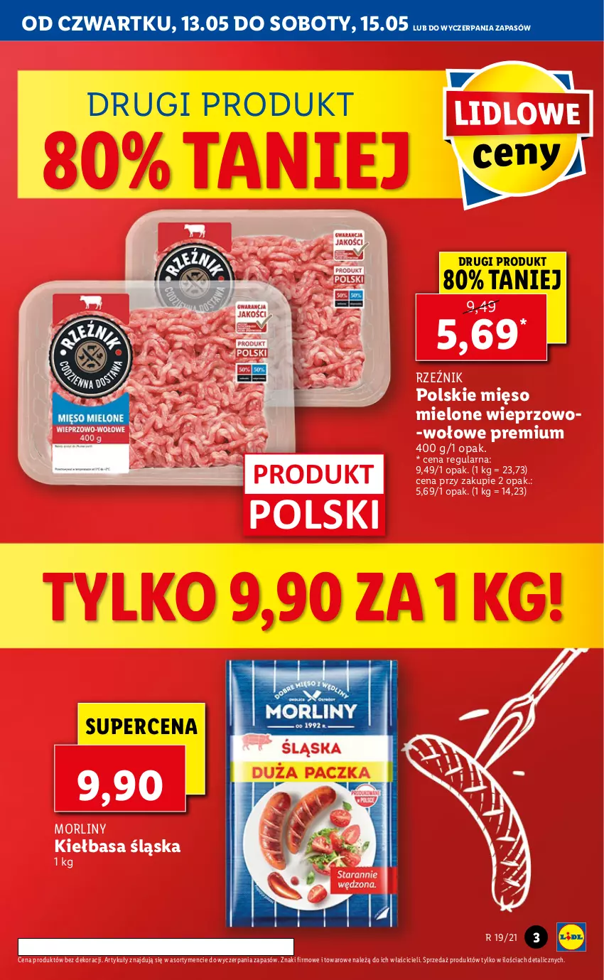 Gazetka promocyjna Lidl - GAZETKA - ważna 13.05 do 15.05.2021 - strona 3 - produkty: Kiełbasa, Kiełbasa śląska, Mięso, Mięso mielone, Morliny