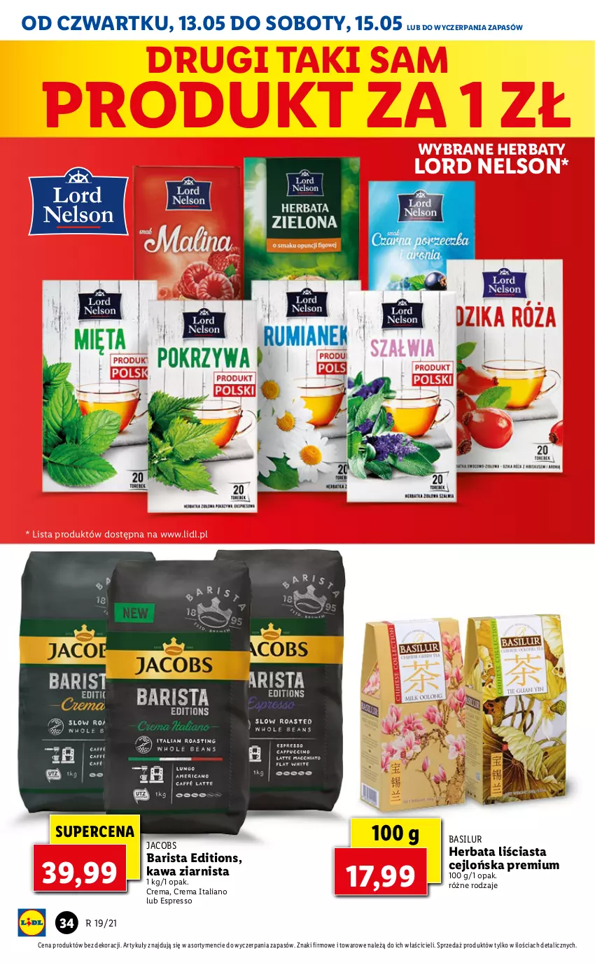 Gazetka promocyjna Lidl - GAZETKA - ważna 13.05 do 15.05.2021 - strona 34 - produkty: Herbata, Jacobs, Kawa, Kawa ziarnista