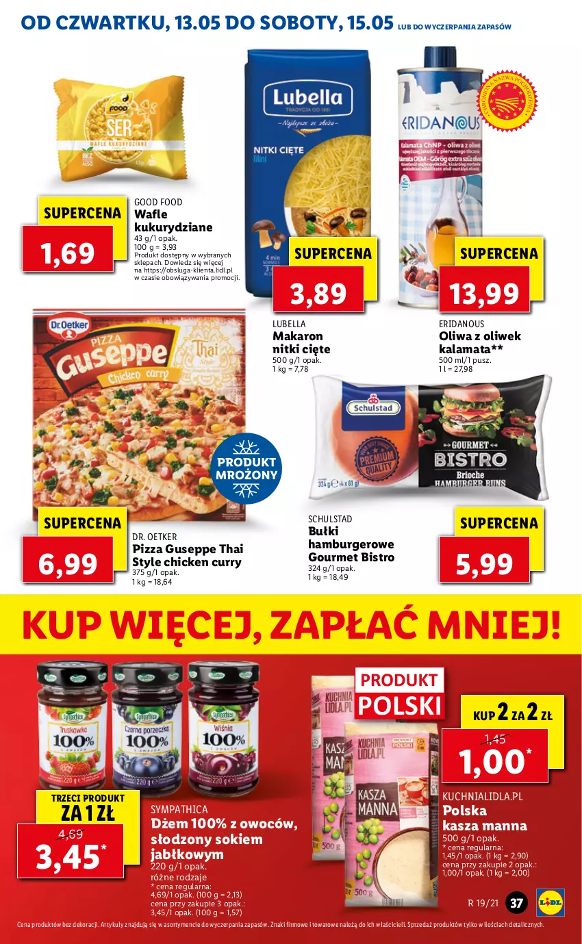 Gazetka promocyjna Lidl - GAZETKA - ważna 13.05 do 15.05.2021 - strona 37 - produkty: Bell, Bella, Burger, Dr. Oetker, Dżem, Hamburger, Kasza, Kuchnia, Lubella, Makaron, Oliwa z oliwek, Pizza, Sok