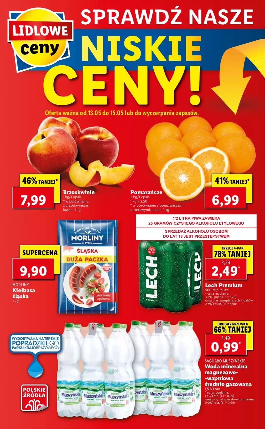 Gazetka promocyjna Lidl - GAZETKA - ważna 13.05 do 15.05.2021 - strona 49 - produkty: Brzoskwinie, Deser, Gra, Kiełbasa, Kiełbasa śląska, Lech Premium, Magnez, Morliny, Mus, Piwa, Pomarańcze, Por, Ser, Woda, Woda mineralna