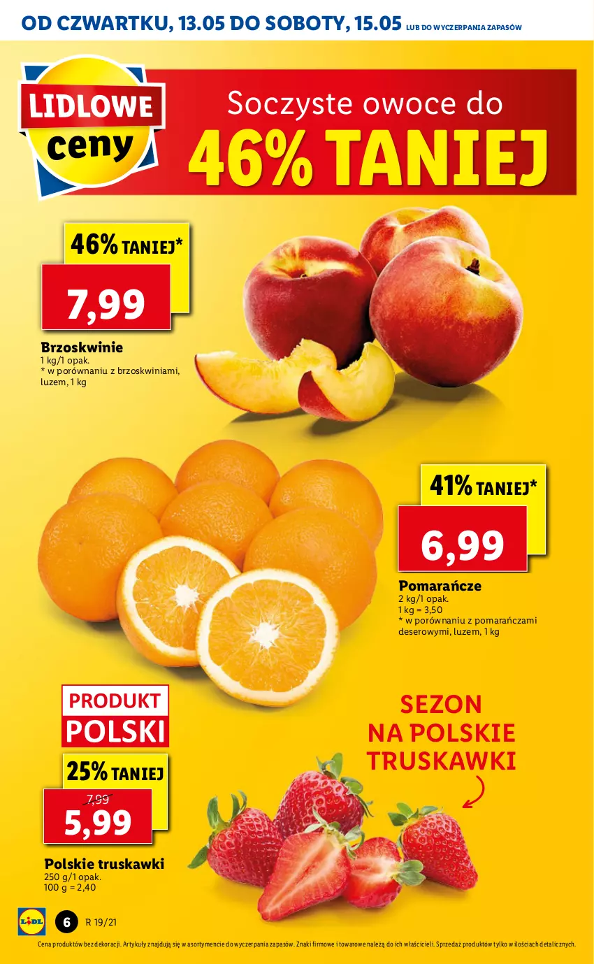 Gazetka promocyjna Lidl - GAZETKA - ważna 13.05 do 15.05.2021 - strona 6 - produkty: Brzoskwinie, Deser, Owoce, Pomarańcze, Por, Ser, Truskawki