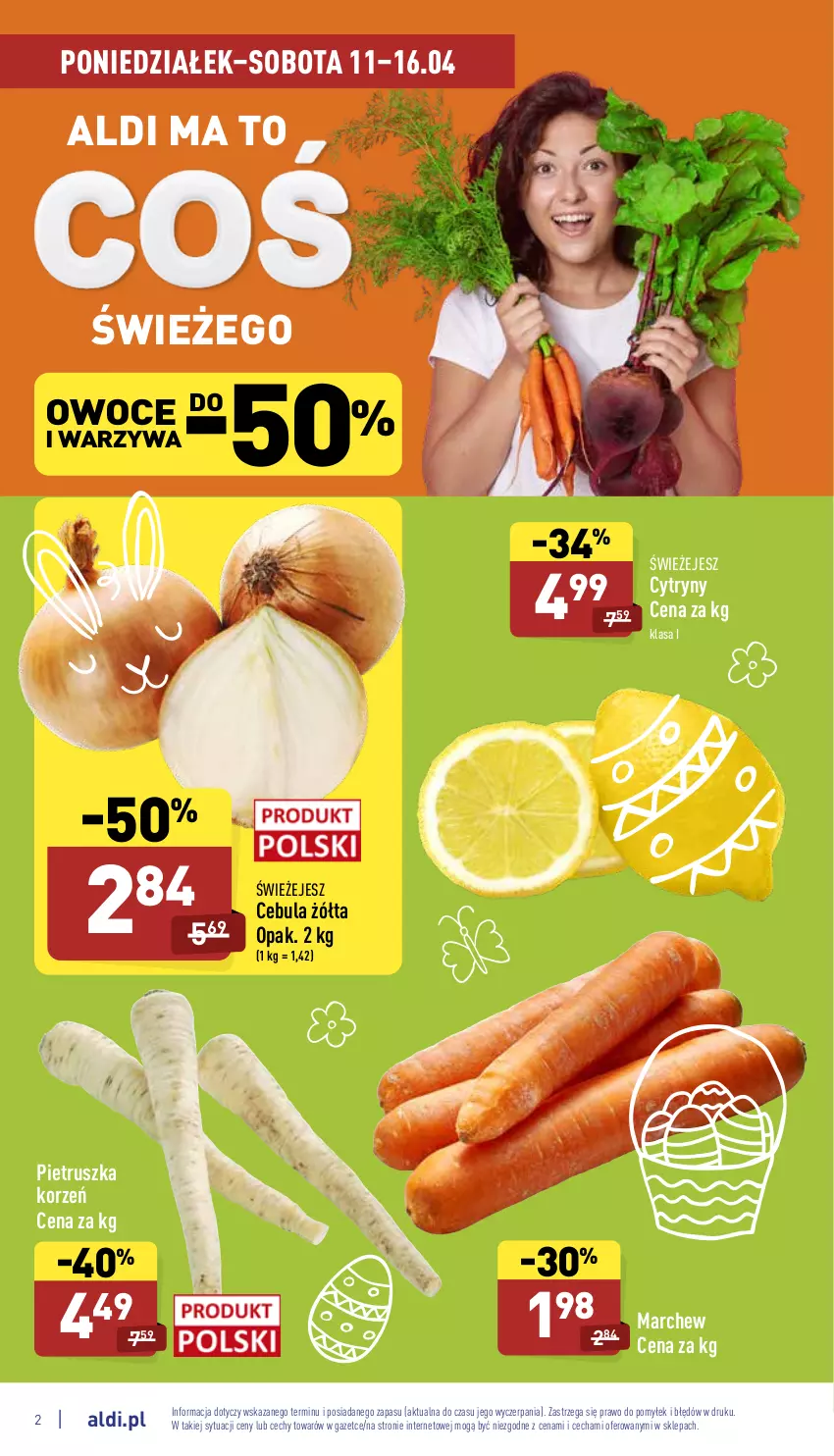 Gazetka promocyjna Aldi - Katalog spożywczy - ważna 11.04 do 16.04.2022 - strona 2 - produkty: Cebula, Cytryny, Owoce, Pietruszka, Warzywa