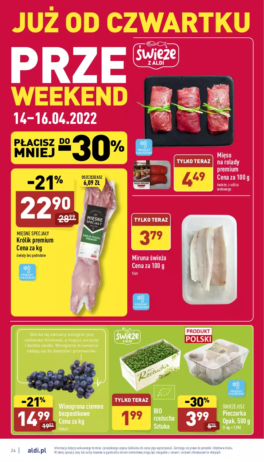 Gazetka promocyjna Aldi - Katalog spożywczy - ważna 11.04 do 16.04.2022 - strona 24 - produkty: Deser, Królik, Mięsne specjały, Mięso, Miruna, Piec, Pieczarka, Rzeżucha, Ser, Tera, Wino, Winogrona