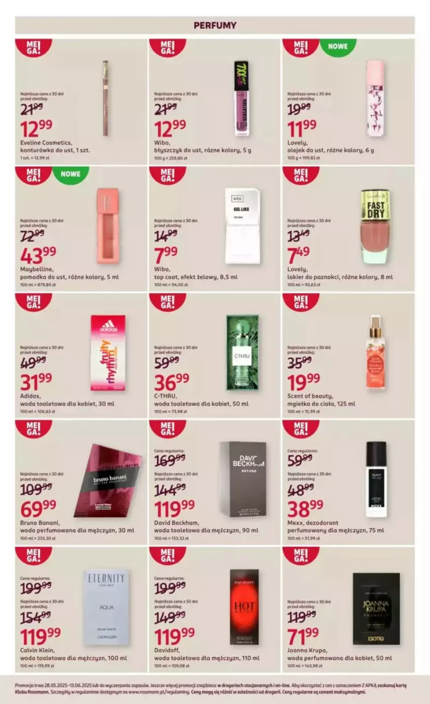Gazetka promocyjna Rossmann - ważna 28.05 do 03.06.2025 - strona 3 - produkty: Adidas, Bell, Błyszczyk do ust, Bruno Banani, C-Thru, Calvin Klein, David Beckham, Davidoff, Dezodorant, Eveline, Joanna, Joanna Krupa, Lakier, Lakier do paznokci, Lovely, Maybelline, Mexx, Olej, Perfum, Por, Tera, Top, Wibo, Woda, Woda perfumowana, Woda toaletowa