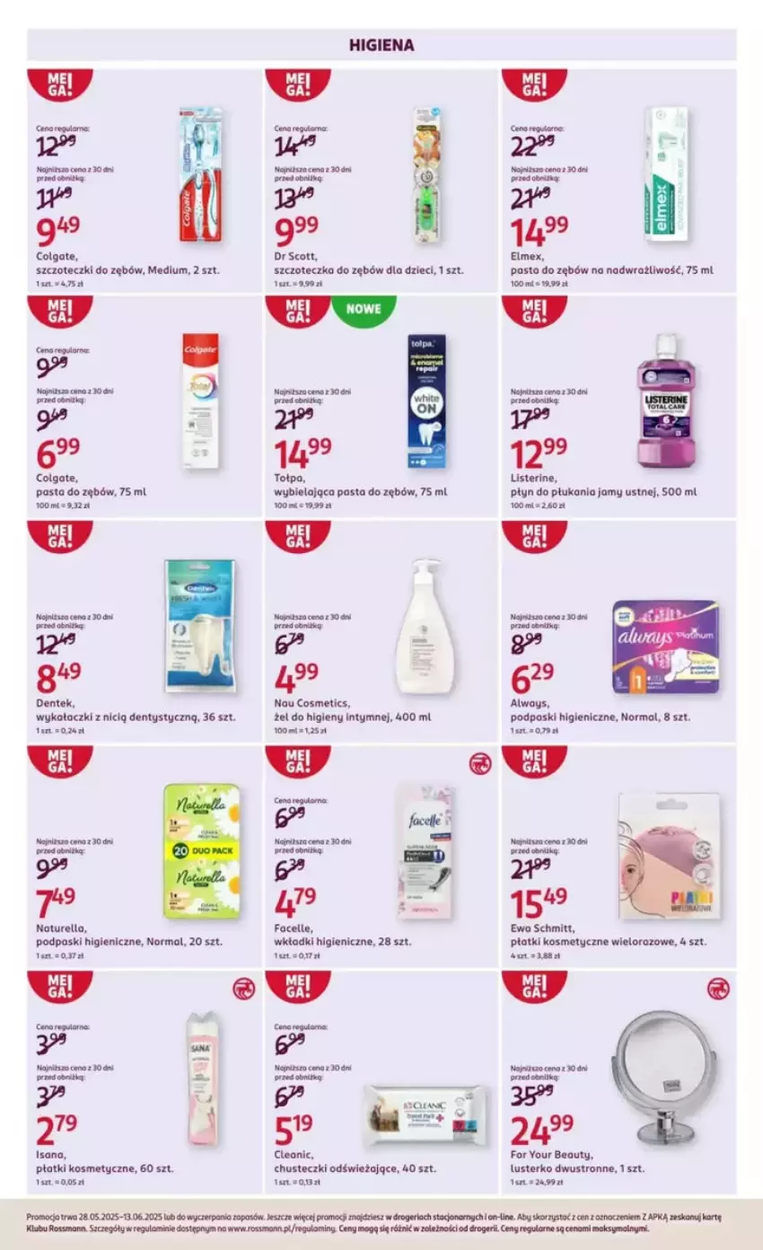 Gazetka promocyjna Rossmann - ważna 28.05 do 03.06.2025 - strona 34 - produkty: Always, Chusteczki, Colgate, Dzieci, Elmex, Fa, Facelle, LG, Listerine, Naturell, Naturella, Pasta do zębów, Płatki kosmetyczne, Podpaski, Rama, Szczoteczka, Szczoteczka do zębów, Tołpa, Wkładki