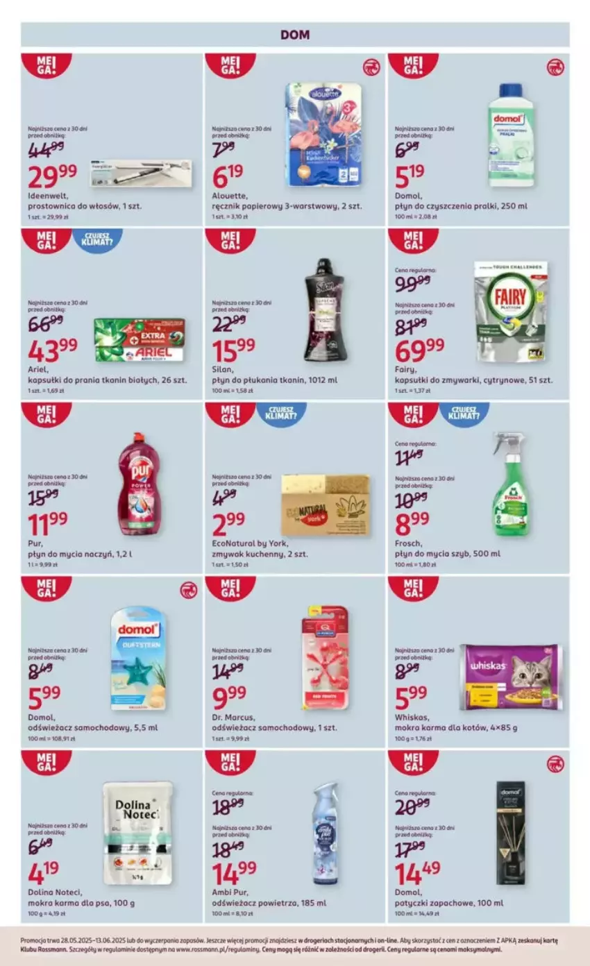 Gazetka promocyjna Rossmann - ważna 28.05 do 03.06.2025 - strona 4 - produkty: Alouette, Do mycia naczyń, Domol, Fa, Fairy, Frosch, Kapsułki do prania, Odświeżacz powietrza, Papier, Płyn do mycia, Płyn do mycia naczyń, Pralki, Prostownica do włosów, Ręcznik, Silan, Whiskas, Zmywarki