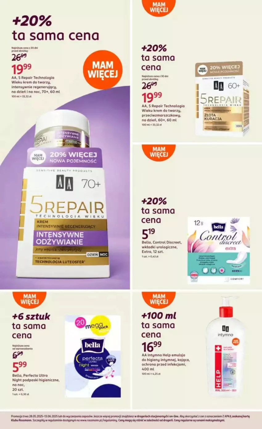 Gazetka promocyjna Rossmann - ważna 28.05 do 03.06.2025 - strona 40 - produkty: Bell, Bella, Control, Discreet, Emulsja, Krem do twarzy, Mars, Perfecta, Podpaski