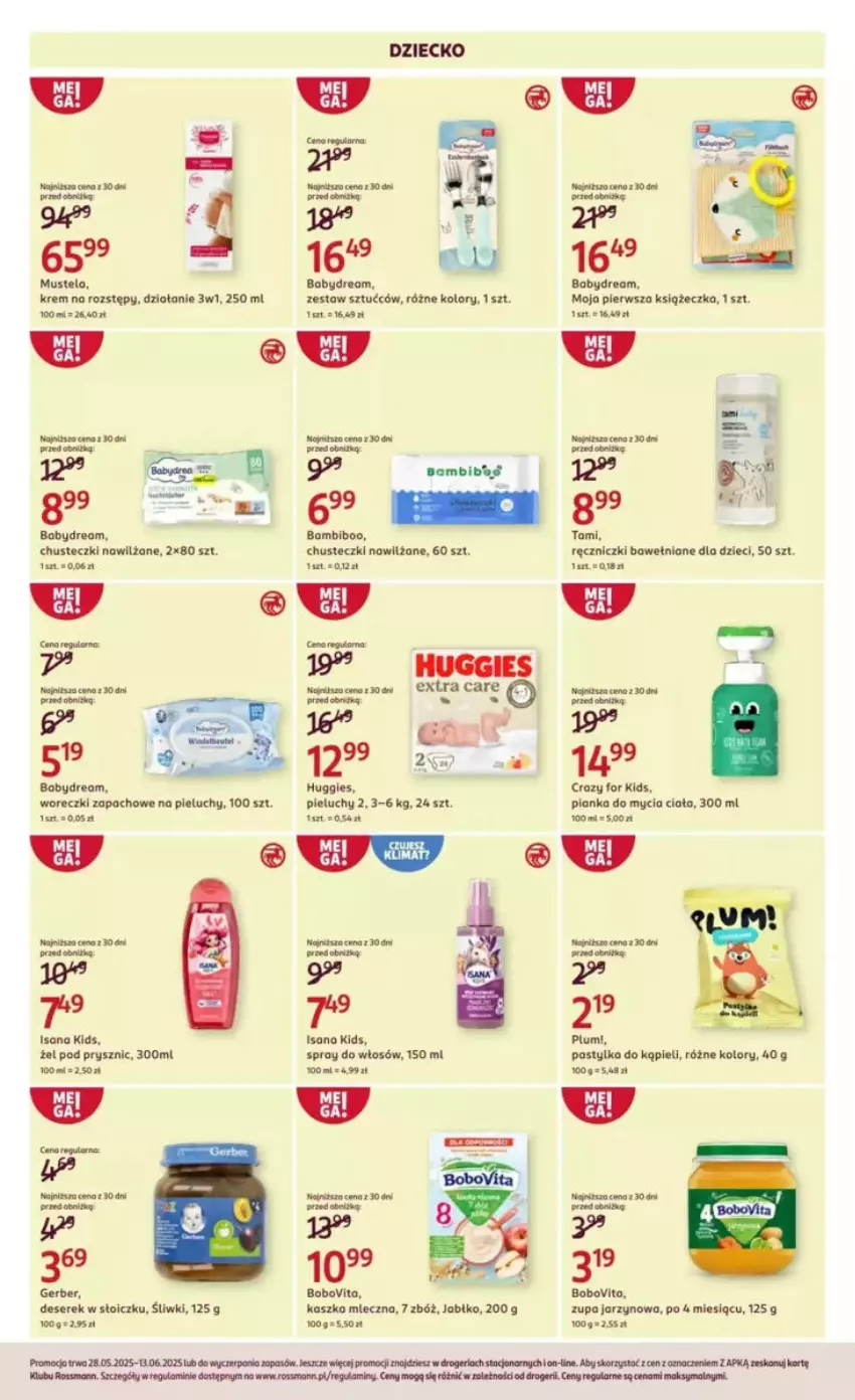 Gazetka promocyjna Rossmann - ważna 28.05 do 03.06.2025 - strona 5 - produkty: Babydream, BoboVita, Chusteczki, Deser, Dzieci, Fa, Gerber, Mus, Mustela, Pieluchy, Pur, Ser, Serek, Zestaw sztućców, Znicz, Zupa