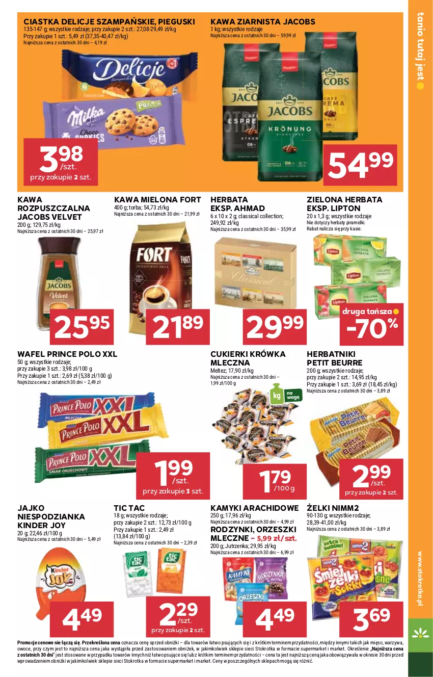 Gazetka promocyjna Stokrotka - Market - ważna 03.07 do 09.07.2025 - strona 15 - produkty: Ciastka, Cukier, Cukierki, Delicje, Herbata, Herbatniki, Herbatniki Petit Beurre, Jacobs, Jacobs Velvet, Jutrzenka, Kamyki arachidowe, Kawa, Kawa mielona, Kawa rozpuszczalna, Kawa ziarnista, Kinder, Lipton, Mięso, Nimm2, Orzeszki, Owoce, Prince Polo, Rodzynki, Torba, Velvet, Warzywa