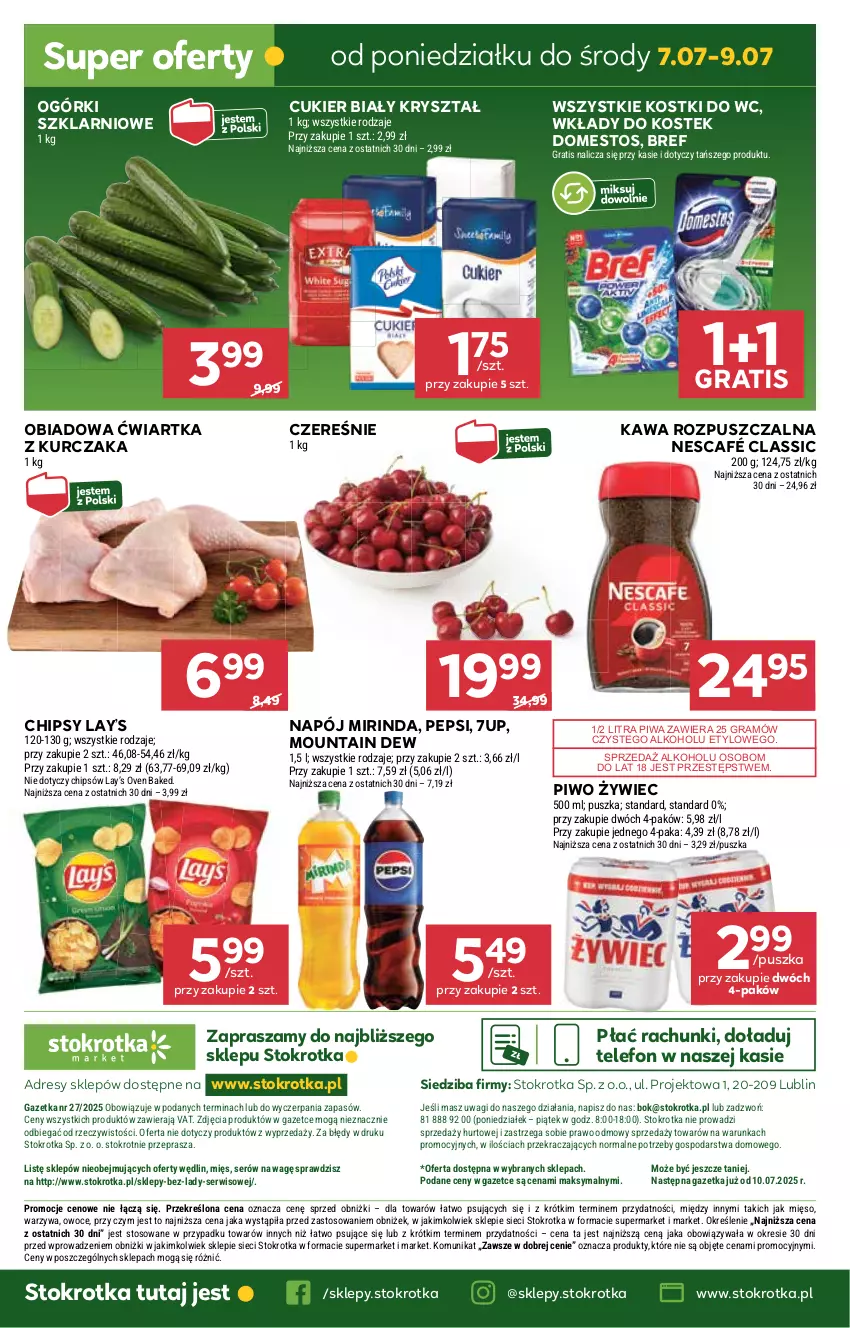 Gazetka promocyjna Stokrotka - Market - ważna 03.07 do 09.07.2025 - strona 20 - produkty: 7up, Bref, Chipsy, Cukier, Domestos, Dres, Gra, JBL, Kawa, Kawa rozpuszczalna, Kurczak, Lay’s, Mięso, Mirinda, Napój, Nescafé, O nas, Owoce, Pepsi, Piwa, Piwo, Ser, Stek, Telefon, Wagi, Warzywa