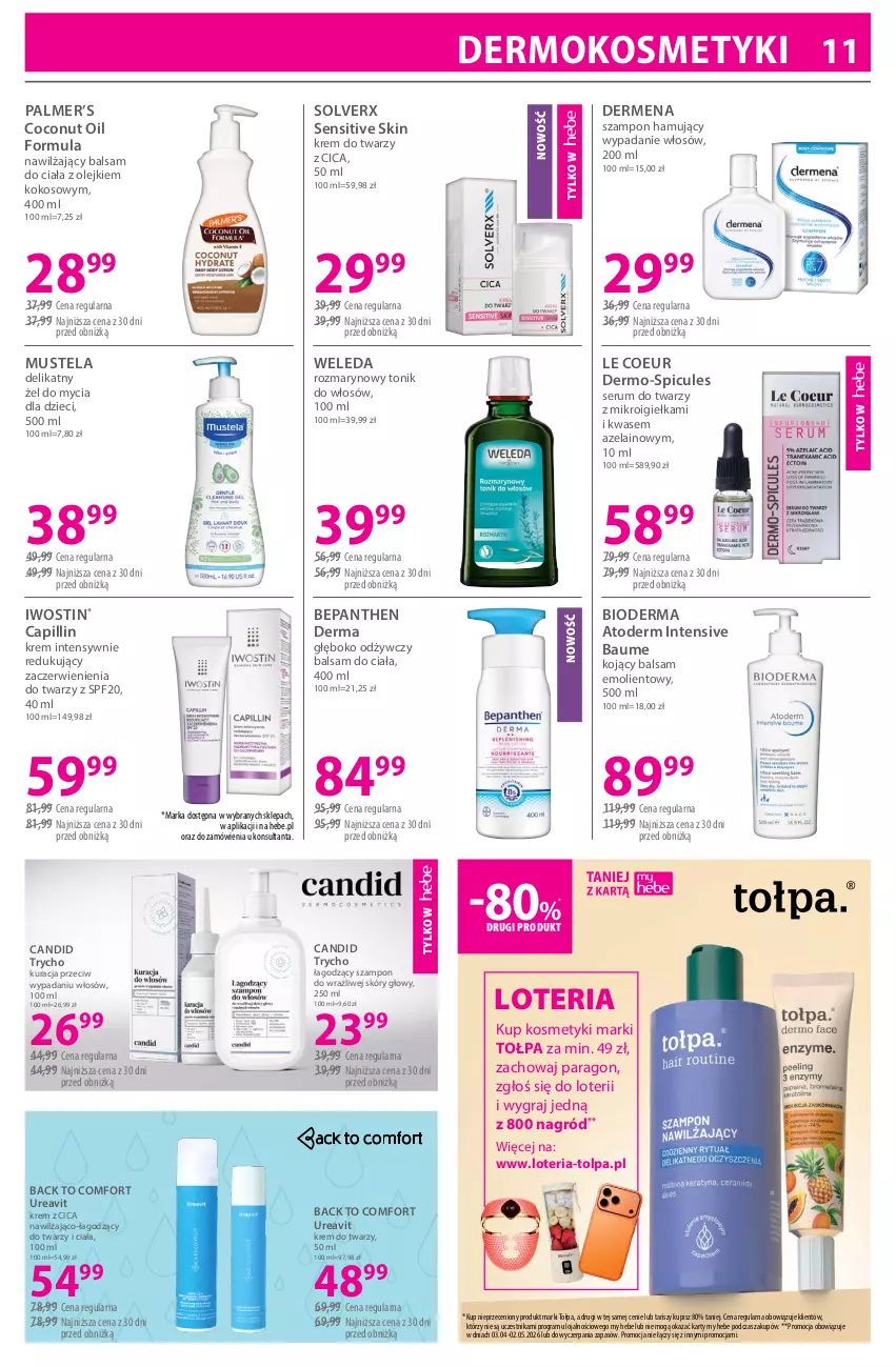 Gazetka promocyjna Hebe - Gazetka - ważna 03.04 do 17.04.2026 - strona 11 - produkty: Atoderm, Balsam do ciała, Bepanthen, Bioderma, Dermena, Dzieci, Gra, Iwostin, Kokos, Krem do twarzy, Mus, Mustela, Nawilżający balsam, Olej, Rum, Ser, Serum, Serum do twarzy, Szampon, Tołpa, Tonik, Weleda