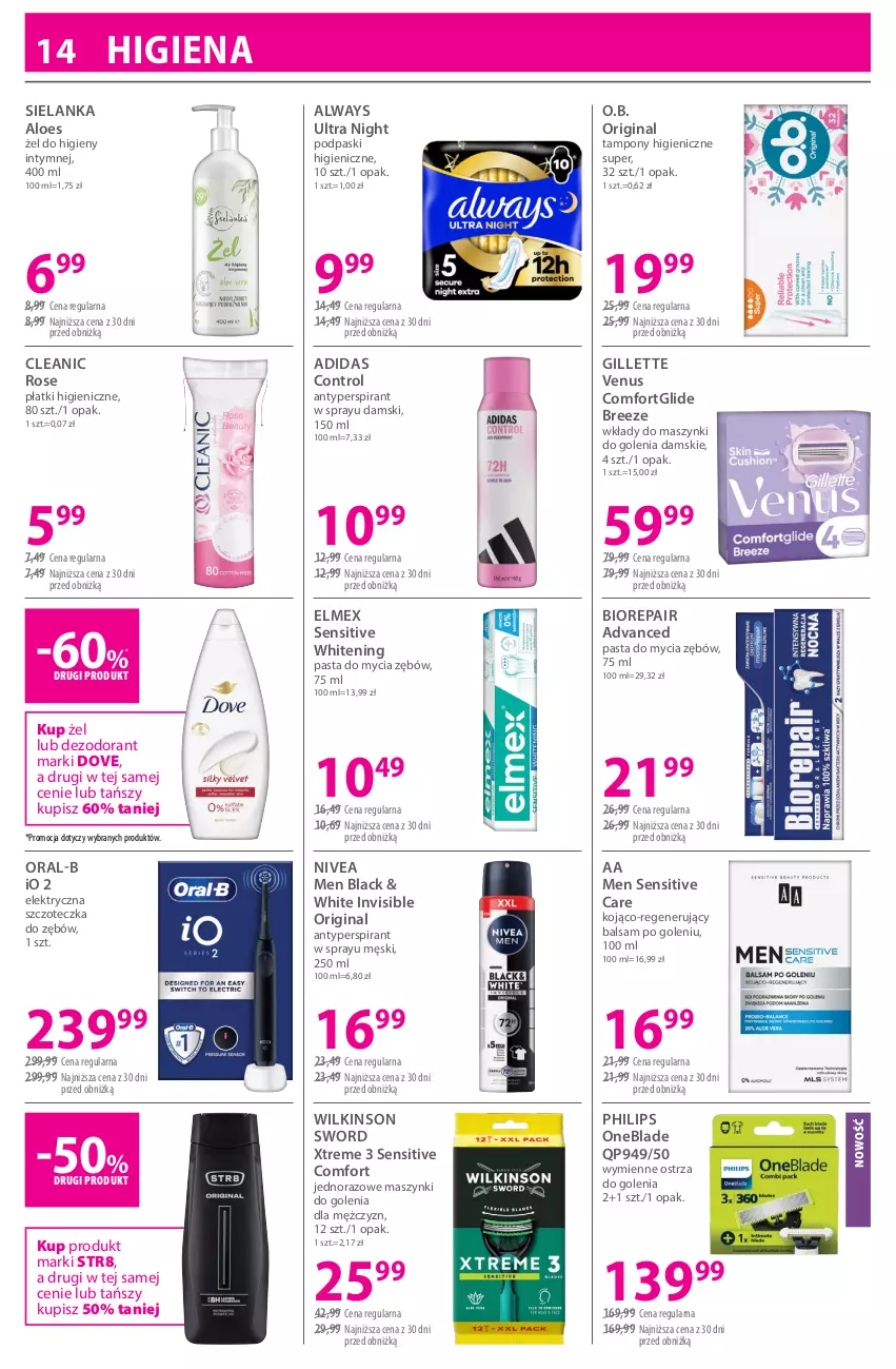 Gazetka promocyjna Hebe - Gazetka - ważna 03.04 do 17.04.2026 - strona 14 - produkty: Adidas, Always, Always Ultra, Antyperspirant, Balsam po goleniu, Biorepair, Cleanic, Control, Dezodorant, Dove, Elektryczna szczoteczka, Elmex, Gillette, Gillette Venus, Gin, Lack, Nivea, Nivea Men, O.B., Philips, Philips OneBlade, Podpaski, Str8, Szczoteczka, Szczoteczka do zębów, Tampony, Venus, Wilkinson Sword