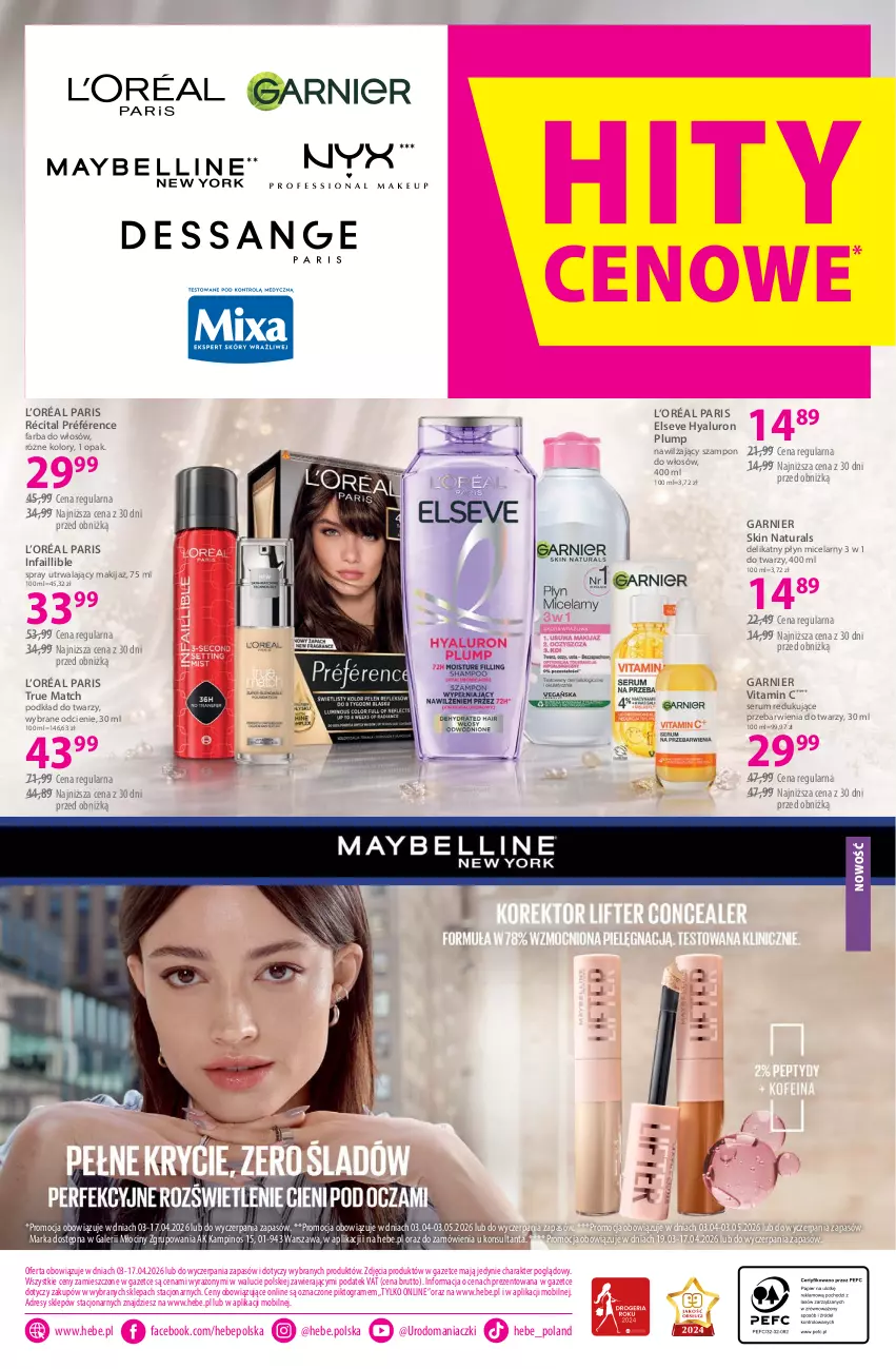 Gazetka promocyjna Hebe - Gazetka - ważna 03.04 do 17.04.2026 - strona 18 - produkty: Dres, Elseve, Fa, Farba do włosów, Garnier, Gra, L’Oréal, Makijaż, Mobil, Płyn micelarny, Podkład, Podkład do twarzy, Rum, Ser, Serum, Szampon