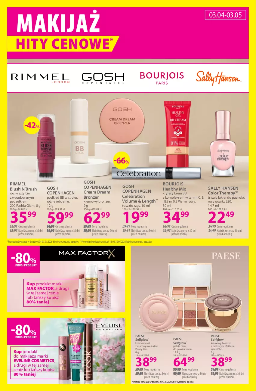Gazetka promocyjna Hebe - Gazetka - ważna 03.04 do 17.04.2026 - strona 3 - produkty: Bourjois, Bronzer, Eveline, Fa, Gosh, Krem bb, Lakier, Lakier do paznokci, Makijaż, Max Factor, PAESE, Paleta, Podkład, Sally Hansen, Tusz, Velvet