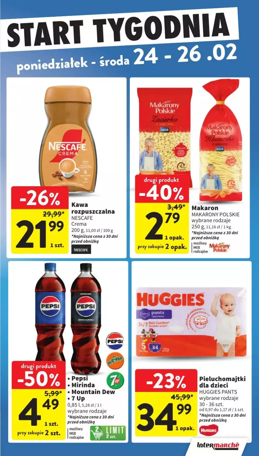 Gazetka promocyjna Intermarche - ważna 24.02 do 26.02.2025 - strona 23 - produkty: 7up, Dzieci, Huggies, Kawa, Kawa rozpuszczalna, Majtki, Makaron, Mirinda, Pieluchomajtki