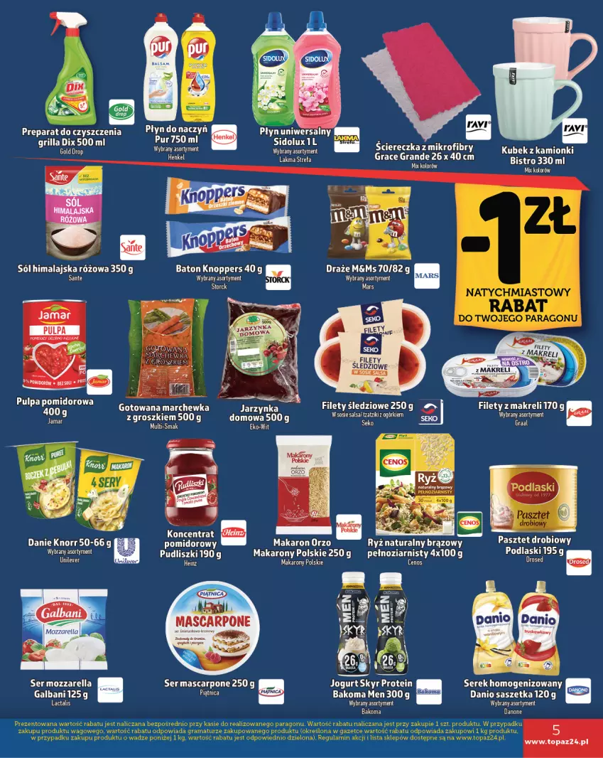 Gazetka promocyjna Topaz - Gazetka - ważna 31.10 do 13.11.2024 - strona 5 - produkty: Bakoma, Baton, Danio, Galbani, Gra, Jogurt, Knoppers, Knorr, Kubek, Makaron, Marchewka, Mars, Mascarpone, Mięta, Piątnica, Podlaski, Por, Preparat do czyszczenia, Pudliszki, Razer, Ryż, Ryż naturalny, Salsa, Sante, Ser, Serek, Sidolux, Sól, Sól himalajska, Sos, Top