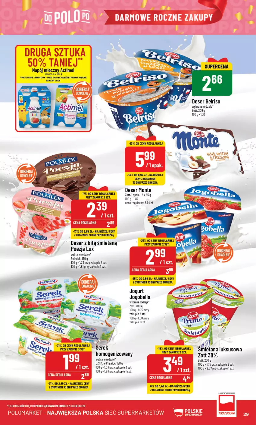 Gazetka promocyjna PoloMarket - Gazetka pomocyjna - ważna 25.10 do 31.10.2023 - strona 29 - produkty: Actimel, Bell, Bella, Belriso, Danone, Deser, Jogobella, Jogurt, Laur, Monte, Napój, POLMLEK, Por, Ser, Serek, Zott