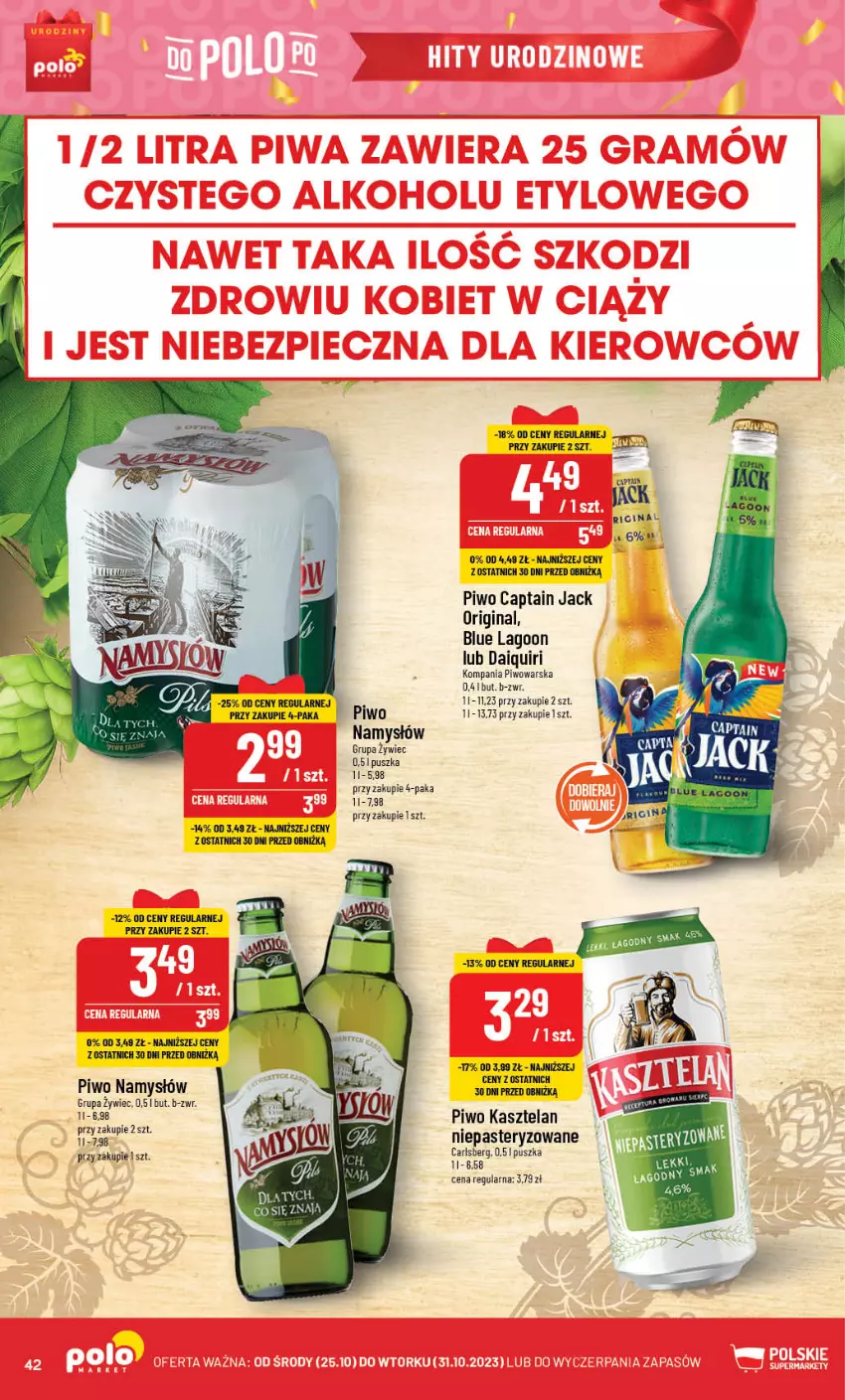 Gazetka promocyjna PoloMarket - Gazetka pomocyjna - ważna 25.10 do 31.10.2023 - strona 42 - produkty: Captain Jack, Carlsberg, Gin, Kasztelan, Namysłów, Piwo