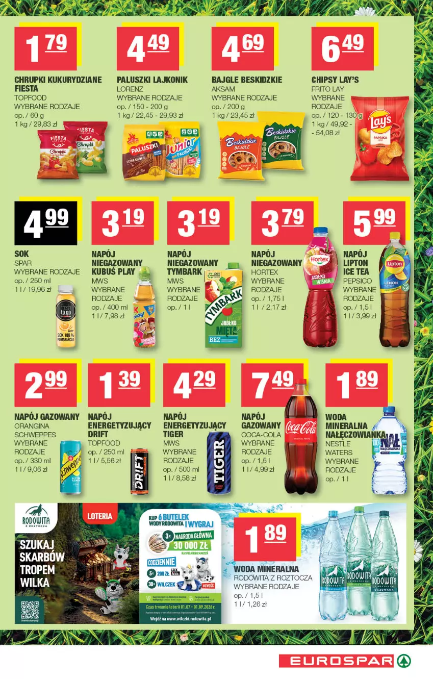 Gazetka promocyjna Spar - EuroSpar - ważna 12.08 do 23.08.2026 - strona 11 - produkty: Aksam, Bajgle, Beskidzki, Chipsy, Chrupki, Coca-Cola, Gin, Gra, Hortex, Ice tea, Lajkonik, Lipton, Lorenz, Nałęczowianka, Napój, Pepsi, Schweppes, Sok, Tiger, Top, Tymbark, Woda, Woda mineralna
