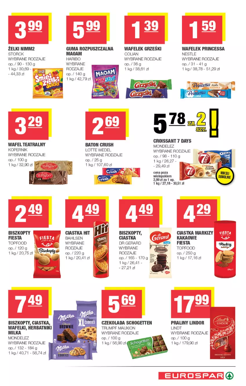 Gazetka promocyjna Spar - EuroSpar - ważna 12.08 do 23.08.2026 - strona 15 - produkty: 7 Days, Baton, Biszkopty, Ciastka, Croissant, Czekolada, Dr Gerard, Guma rozpuszczalna, Haribo, Herbatniki, Kakao, Lindor, Lindt, Milka, Nimm2, Praliny, Princessa, Rum, Schogetten, Top, Wafelek, Wanna