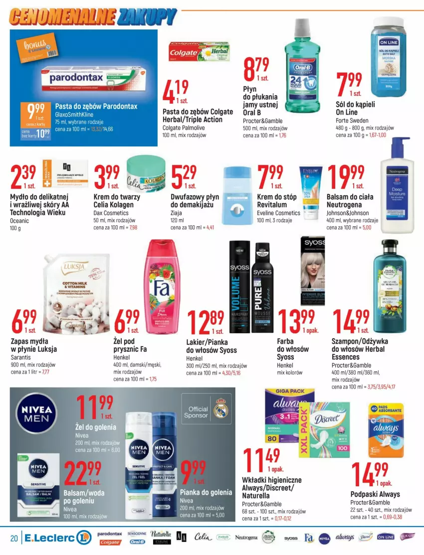 Gazetka promocyjna E Leclerc - ważna 24.09 do 09.10.2021 - strona 20 - produkty: Always, Balsam do ciała, Colgate, DAX, Discreet, Eveline, Fa, Kolagen, Krem do stóp, Krem do twarzy, Lakier, LG, Luksja, Makijaż, Mydło, Naturell, Naturella, Neutrogena, Nivea, Odżywka, Oral B, Palmolive, Parodontax, Pasta do zębów, Płyn do płukania, Płyn do płukania jamy ustnej, Podpaski, Sensodyne, Sól, Sól do kąpieli, Sos, Syoss, Szampon, Tera, Wkładki, Ziaja