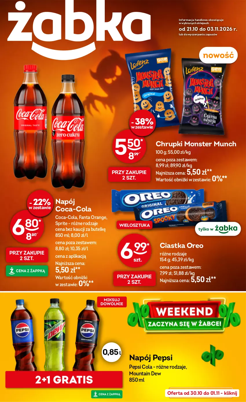 Gazetka promocyjna Żabka - gazetka-promocyjna-43-44-2026 - ważna 21.10 do 03.11.2026 - strona 1 - produkty: Chrupki, Ciastka, Coca-Cola, Fa, Fanta, Gra, Monster Munch, Napój, Oreo, Pepsi, Sprite