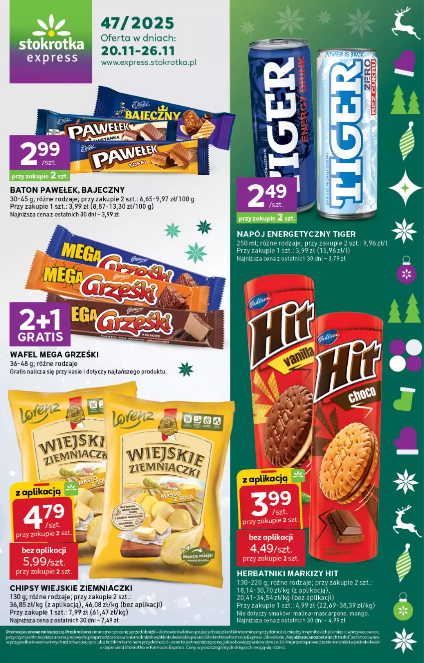Gazetka promocyjna Stokrotka - Stokrotka Express - ważna 20.11 do 26.11.2025 - strona 1 - produkty: Baton, Chipsy, Gra, Grześki, Herbatniki, Mango, Mascarpone, Mięso, O nas, Owoce, Tiger, Warzywa