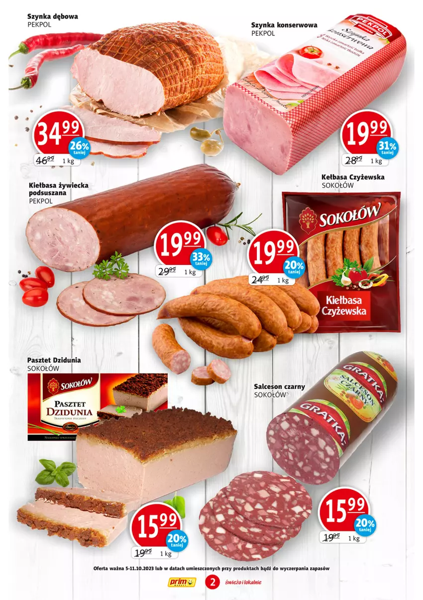 Gazetka promocyjna Prim Market - ważna 05.10 do 11.10.2023 - strona 2 - produkty: Kiełbasa, Pasztet, Pekpol, Salceson, Ser, Sok, Sokołów, Szynka, Szynka konserwowa