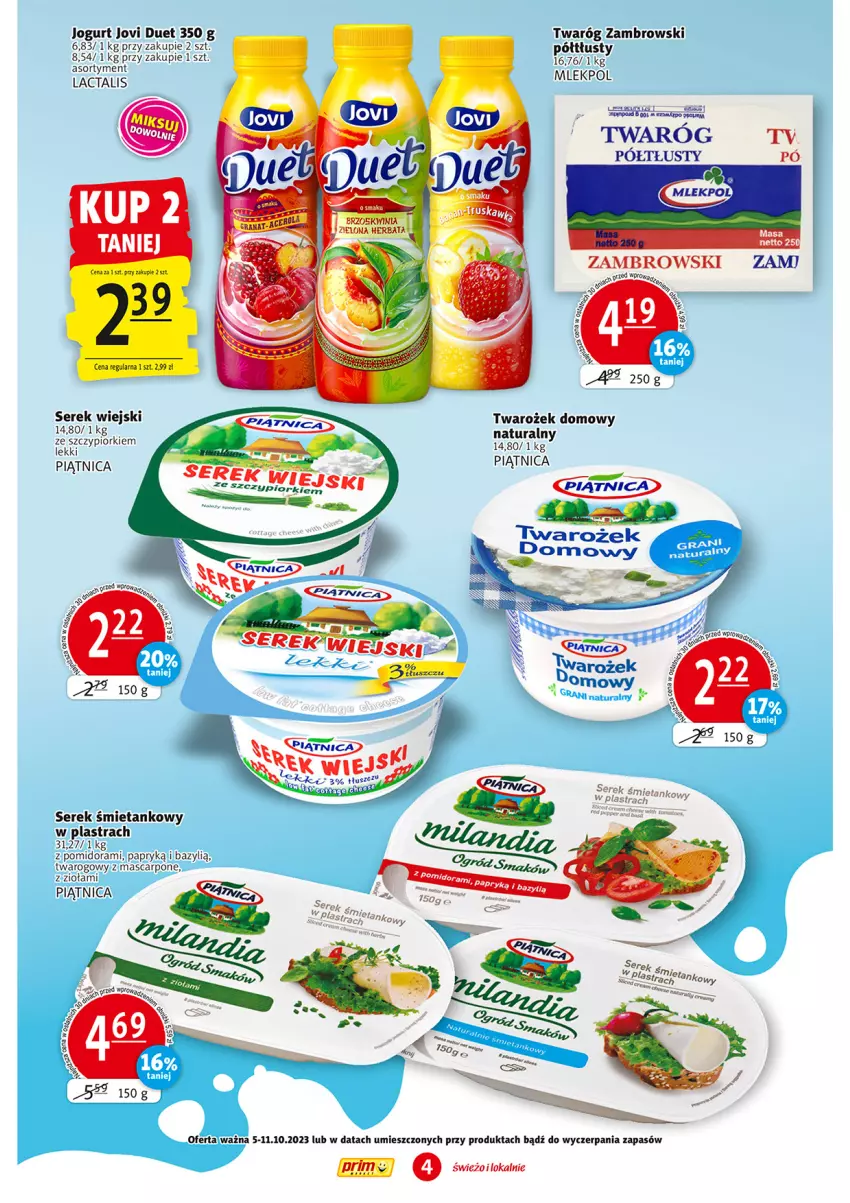 Gazetka promocyjna Prim Market - ważna 05.10 do 11.10.2023 - strona 4 - produkty: Bazyl, Jogurt, Mascarpone, Piątnica, Ser, Serek, Serek wiejski, Twaróg