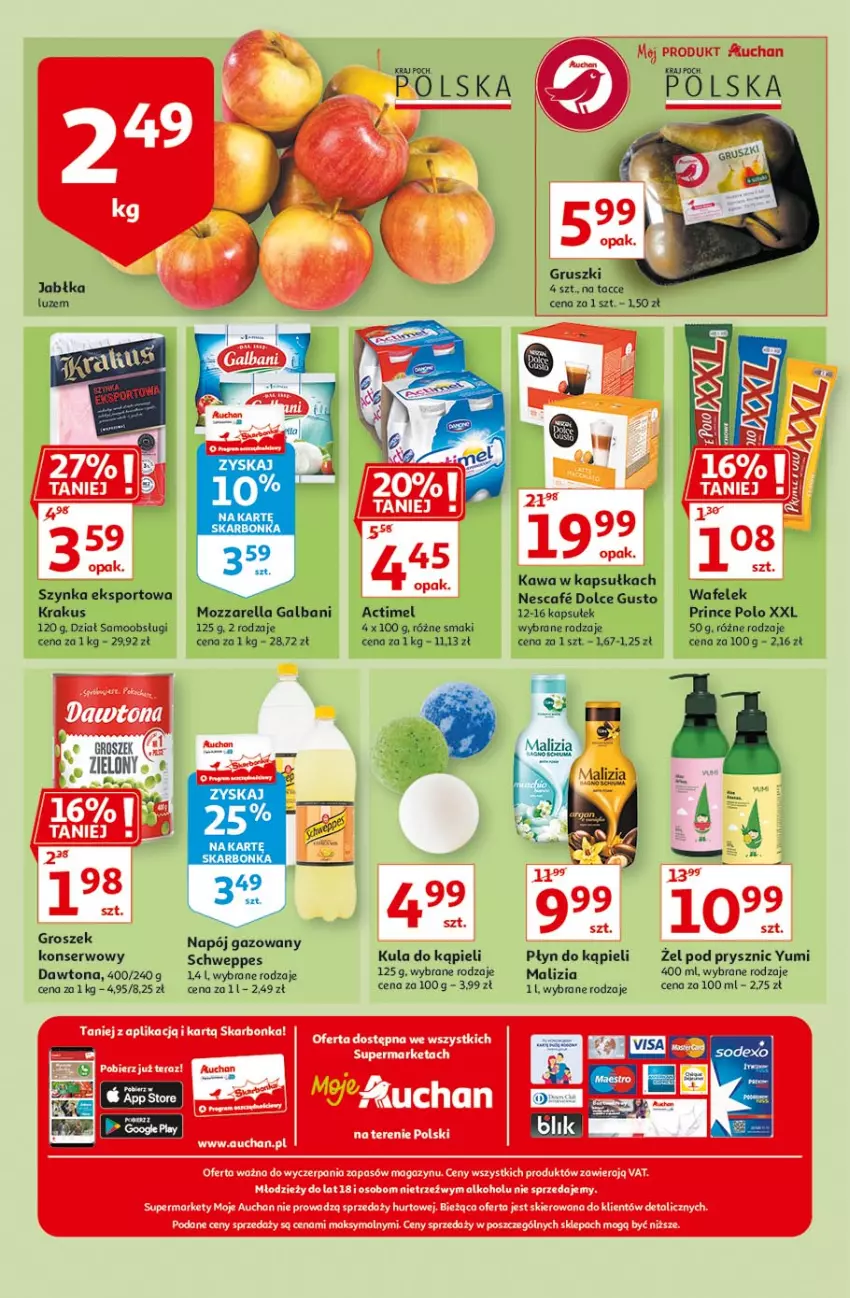 Gazetka promocyjna Auchan - Uroda Moje Auchan - ważna 26.02 do 03.03.2021 - strona 2 - produkty: Actimel, Dawtona, Dolce Gusto, Galbani, Groszek, Gruszki, Kawa, Krakus, Kula do kąpieli, Malizia, Mozzarella, Napój, Napój gazowany, Płyn do kąpieli, Por, Prince Polo, Schweppes, Ser, Sport, Szynka, Wafelek