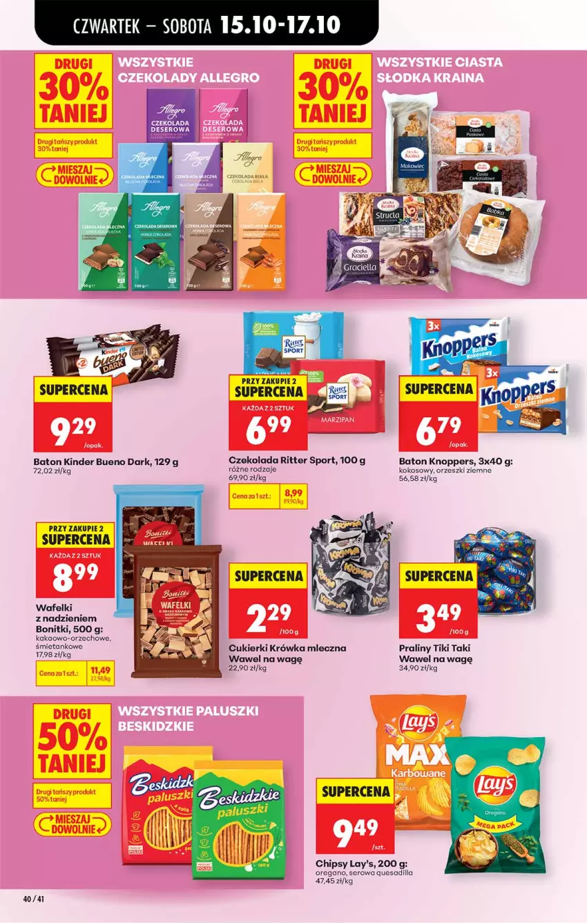 Gazetka promocyjna Biedronka - Od Czwartku - ważna 15.10 do 21.10.2026 - strona 40 - produkty: Baton, Bonitki, Chipsy, Cukier, Cukierki, Czekolada, Kakao, Kinder, Kinder Bueno, Knoppers, Kokos, Makowiec, Orzeszki, Orzeszki ziemne, Por, Praliny, Ritter Sport, Ser, Sport, Wawel