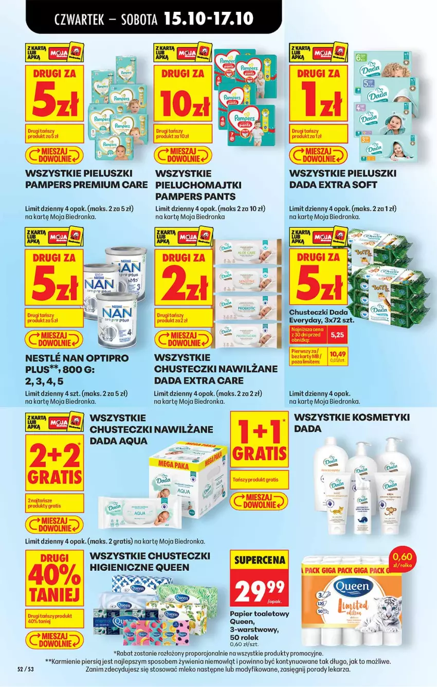 Gazetka promocyjna Biedronka - Od Czwartku - ważna 15.10 do 21.10.2026 - strona 52 - produkty: Chusteczki, Chusteczki nawilzane, Dada, Fa, Gra, Karmi, Majtki, Mleko, NAN Optipro, O nas, Pampers, Papier, Papier toaletowy, Pieluchomajtki, Por