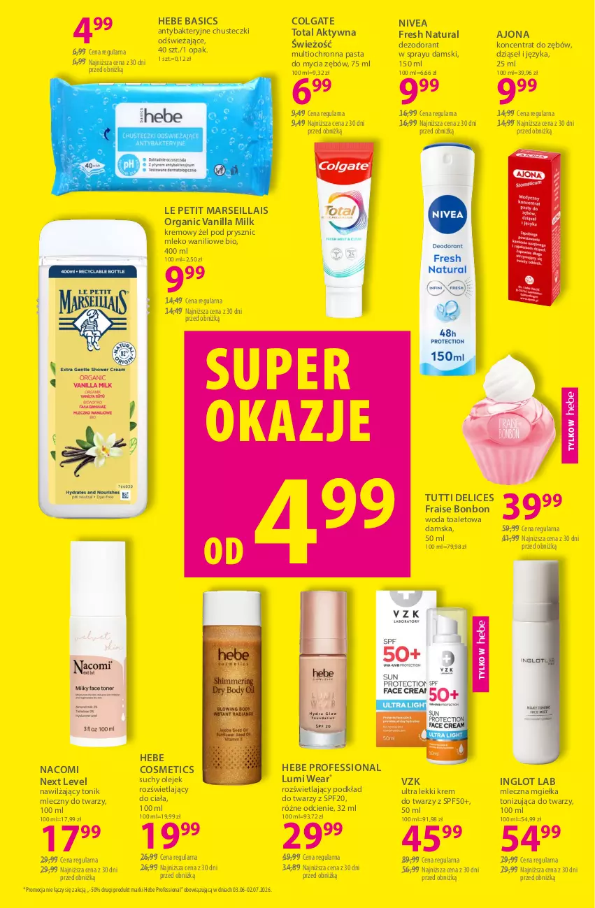 Gazetka promocyjna Hebe - Gazetka - ważna 03.06 do 18.06.2026 - strona 17 - produkty: Chusteczki, Colgate, Colgate Total, Dezodorant, Hebe Cosmetics, Krem do twarzy, LG, Mars, Mleko, Nacomi, Nivea, Olej, Podkład, Podkład do twarzy, Tonik, Woda, Woda toaletowa