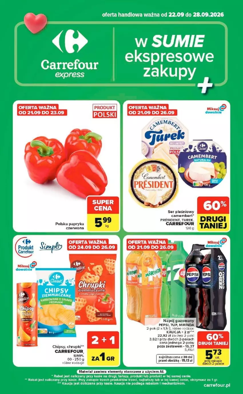 Gazetka promocyjna Carrefour - Gazetka Express w SUMIE ekspresowe zakupy - ważna 22.09 do 28.09.2026 - strona 1 - produkty: 7up, Astor, Camembert, Chipsy, Chrupki, Fa, Napój, Napój gazowany, Papryka, Pepsi, Rum, Ser, Ser pleśniowy