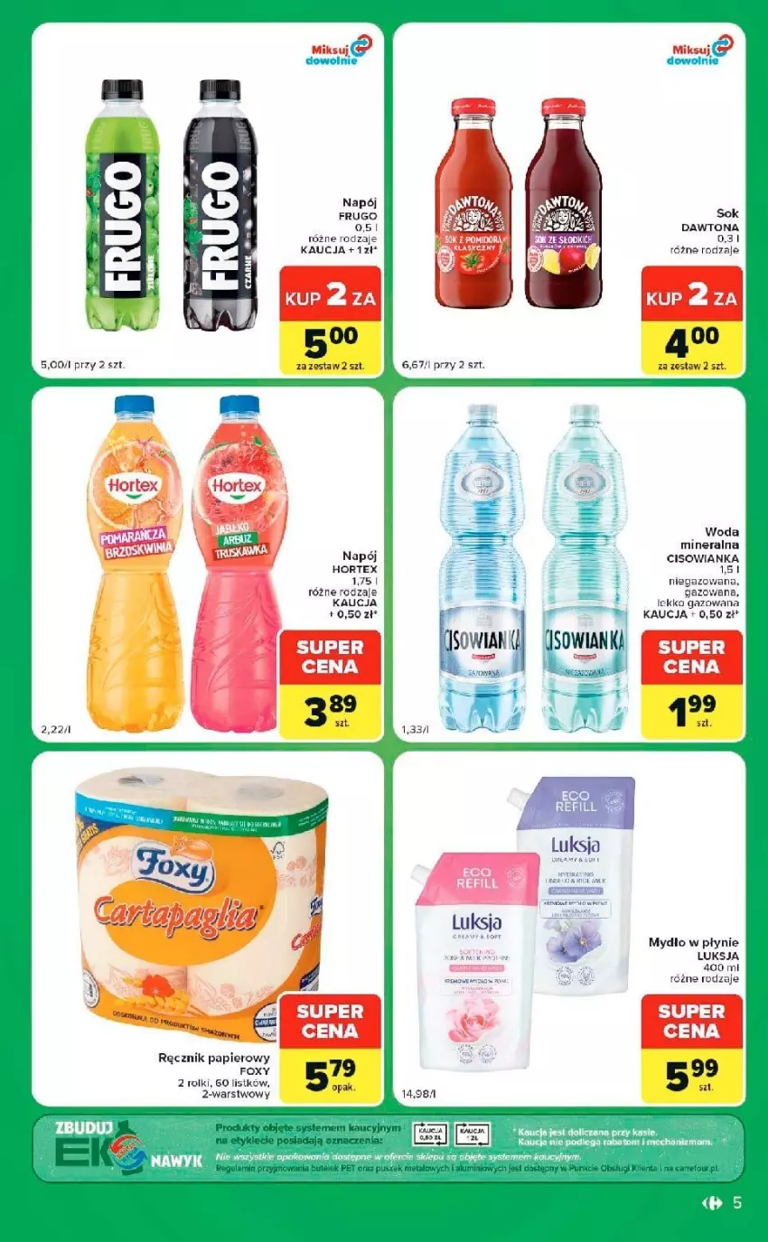Gazetka promocyjna Carrefour - Gazetka Express w SUMIE ekspresowe zakupy - ważna 22.09 do 28.09.2026 - strona 5 - produkty: Cisowianka, Dawtona, Fa, Foxy, Hortex, Luksja, Mydło, Mydło w płynie, Napój, Papier, Ręcznik, Rolki, Sok, Woda, Woda mineralna