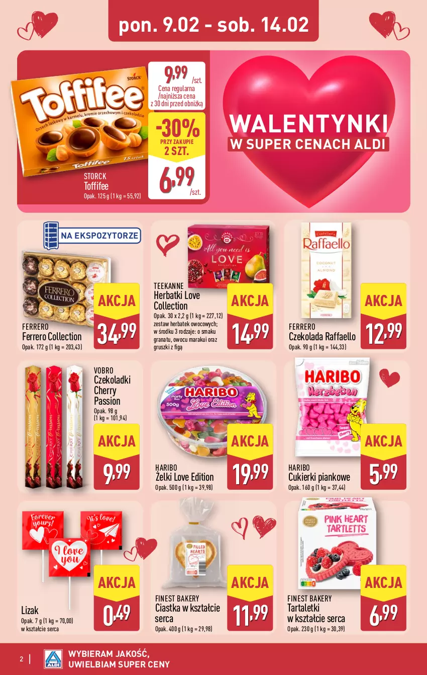 Gazetka promocyjna Aldi - Oferta na walentynki - ważna 09.02 do 14.02.2026 - strona 2 - produkty: Ciastka, Cukier, Cukierki, Czekolada, Fa, Ferrero, Gra, Granat, Gruszki, Haribo, Raffaello, Ser, Tarta, Teekanne, Toffifee