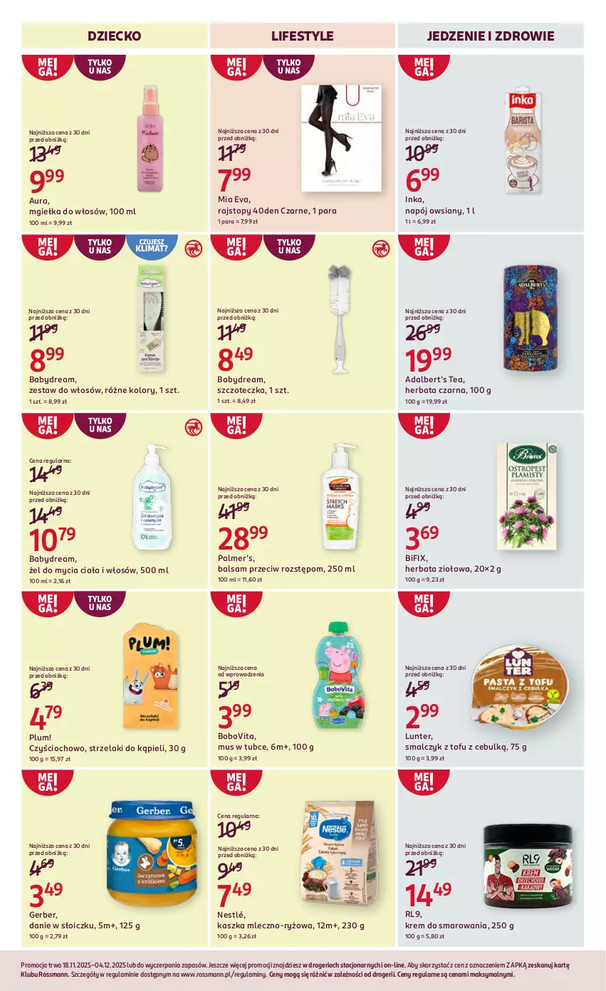 Gazetka promocyjna Rossmann - 18 listopada - ważna 18.11 do 04.12.2025 - strona 14 - produkty: Babydream, BoboVita, Gerber, Herbata, Herbata czarna, Inka, Mus, Napój, Nestlé, Rajstopy, Ryż, Szczoteczka, Tofu, Top, Zdrowie