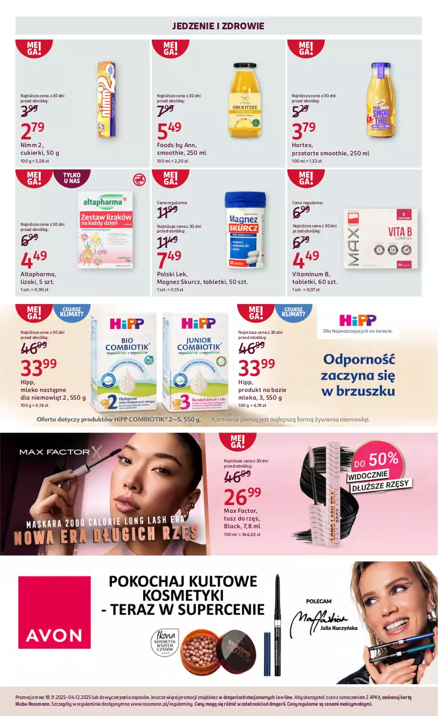 Gazetka promocyjna Rossmann - 18 listopada - ważna 18.11 do 04.12.2025 - strona 15 - produkty: Cukier, Cukierki, Fa, HiPP, Hortex, Lack, Lizaki, Magnez, Max Factor, Mleko, O nas, Smoothie, Tablet, Tusz, Zdrowie
