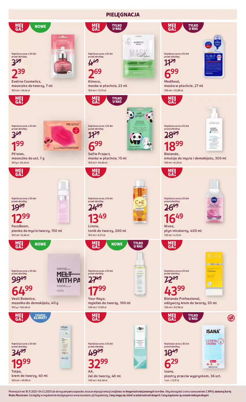 Gazetka promocyjna Rossmann - 18 listopada - ważna 18.11 do 04.12.2025 - strona 7 - produkty: Bielenda, Emulsja, Emulsja do mycia, Eveline, Fa, Isana, Krem do twarzy, Lirene, Makijaż, Maska, Maska w płachcie, Mgiełka do twarzy, Nivea, Pianka do mycia twarzy, Płyn micelarny, Tołpa, Tonik, Tonik do twarzy, Veoli Botanica