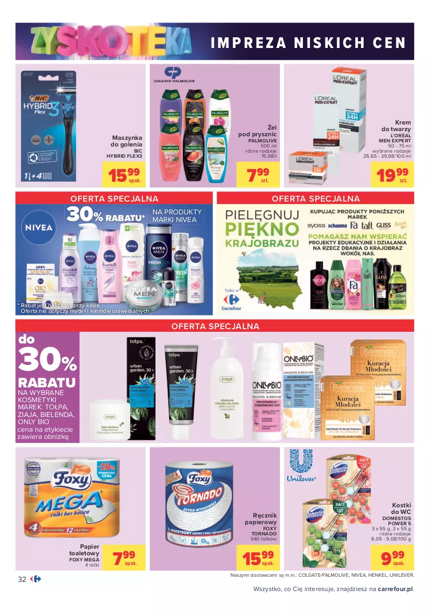 Gazetka promocyjna Carrefour - Gazetka Carrefour Zyskoteka - ważna 26.10 do 07.11.2021 - strona 32 - produkty: BIC, Bielenda, Colgate, Domestos, Foxy, Krem do twarzy, L’Oréal, LG, Maszynka, Maszynka do golenia, Nivea, Palmolive, Papier, Papier toaletowy, Ręcznik, Rolki, Szynka, Tołpa, Ziaja