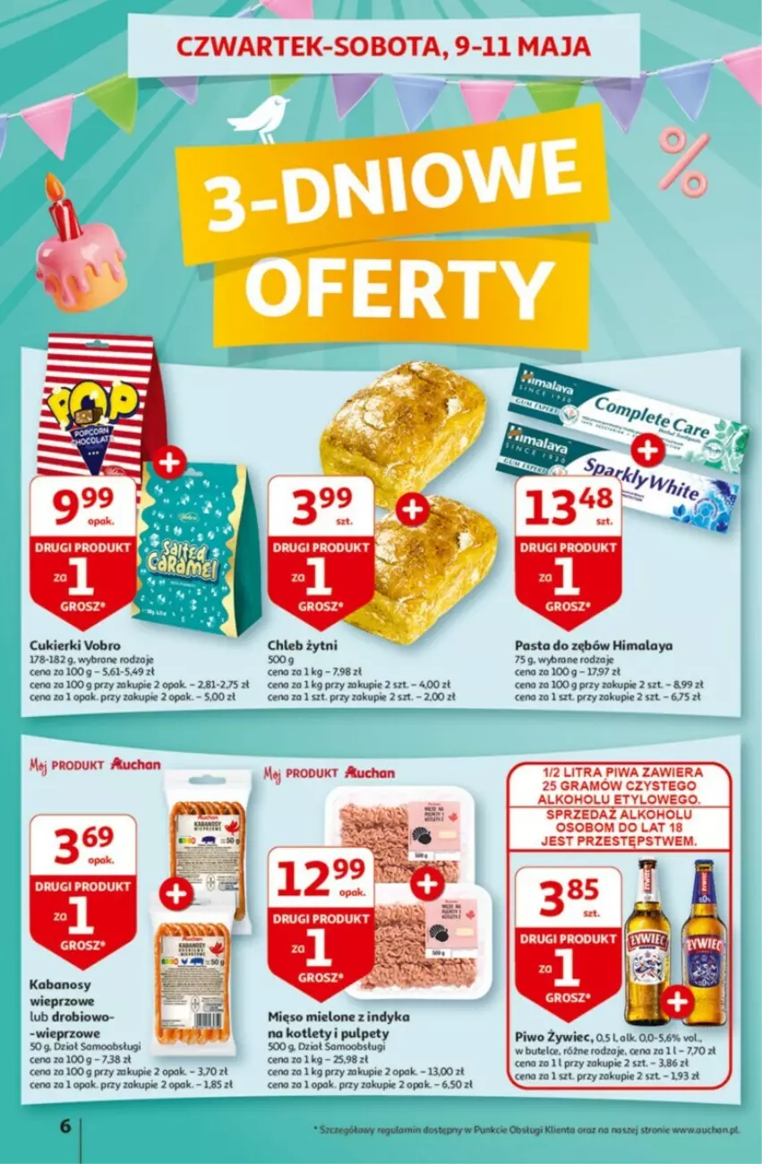 Gazetka promocyjna Auchan - ważna 09.05 do 15.05.2024 - strona 47 - produkty: Chleb, Cukier, Cukierki, Gra, Himalaya, Kabanos, Kotlet, Mięso, Mięso mielone, Pasta do zębów, Piwa, Piwo, Pulpety