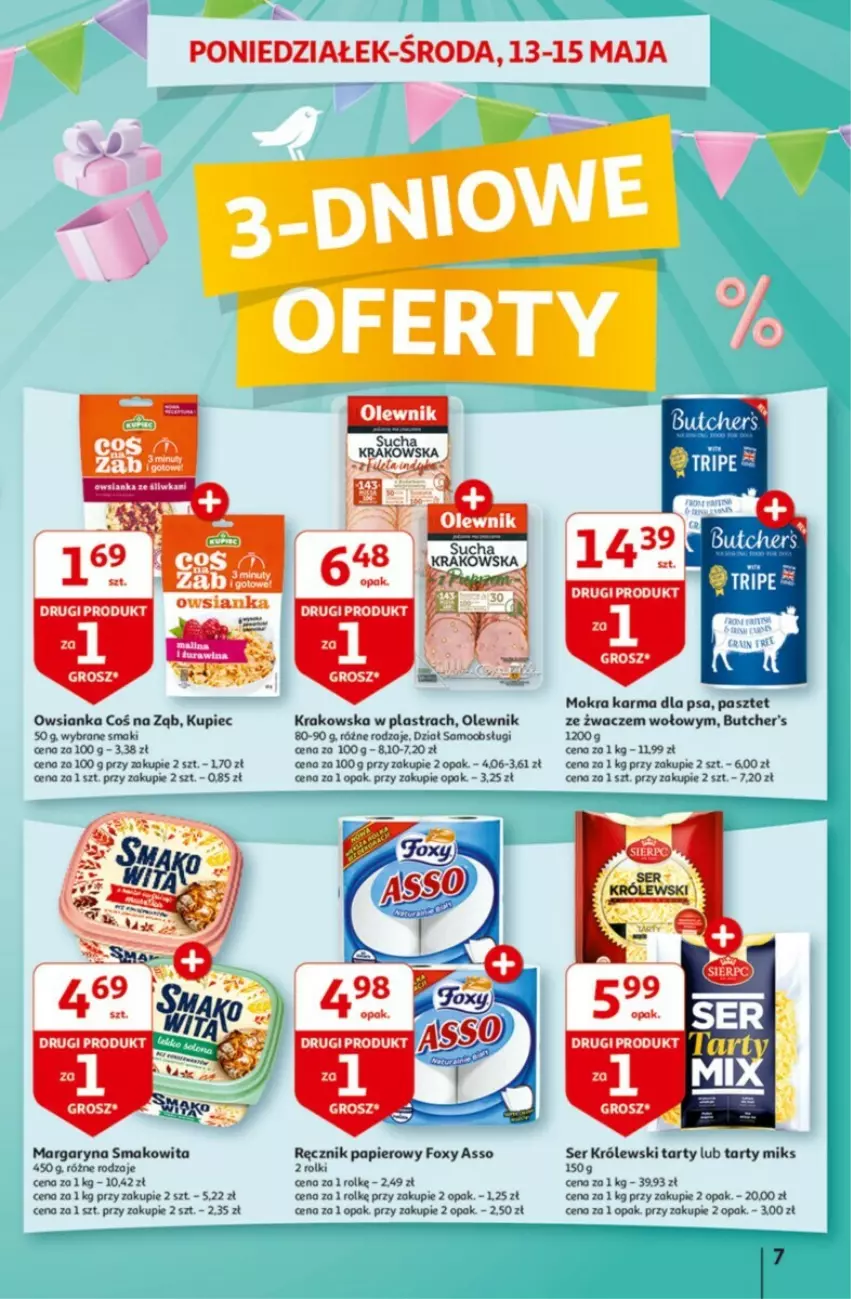 Gazetka promocyjna Auchan - ważna 09.05 do 15.05.2024 - strona 48 - produkty: Butcher's, Foxy, Królewski, Kupiec, Margaryna, Mokra karma, Olewnik, Owsianka, Papier, Pasztet, Piec, Ręcznik, Rolki, Ser, Smakowita