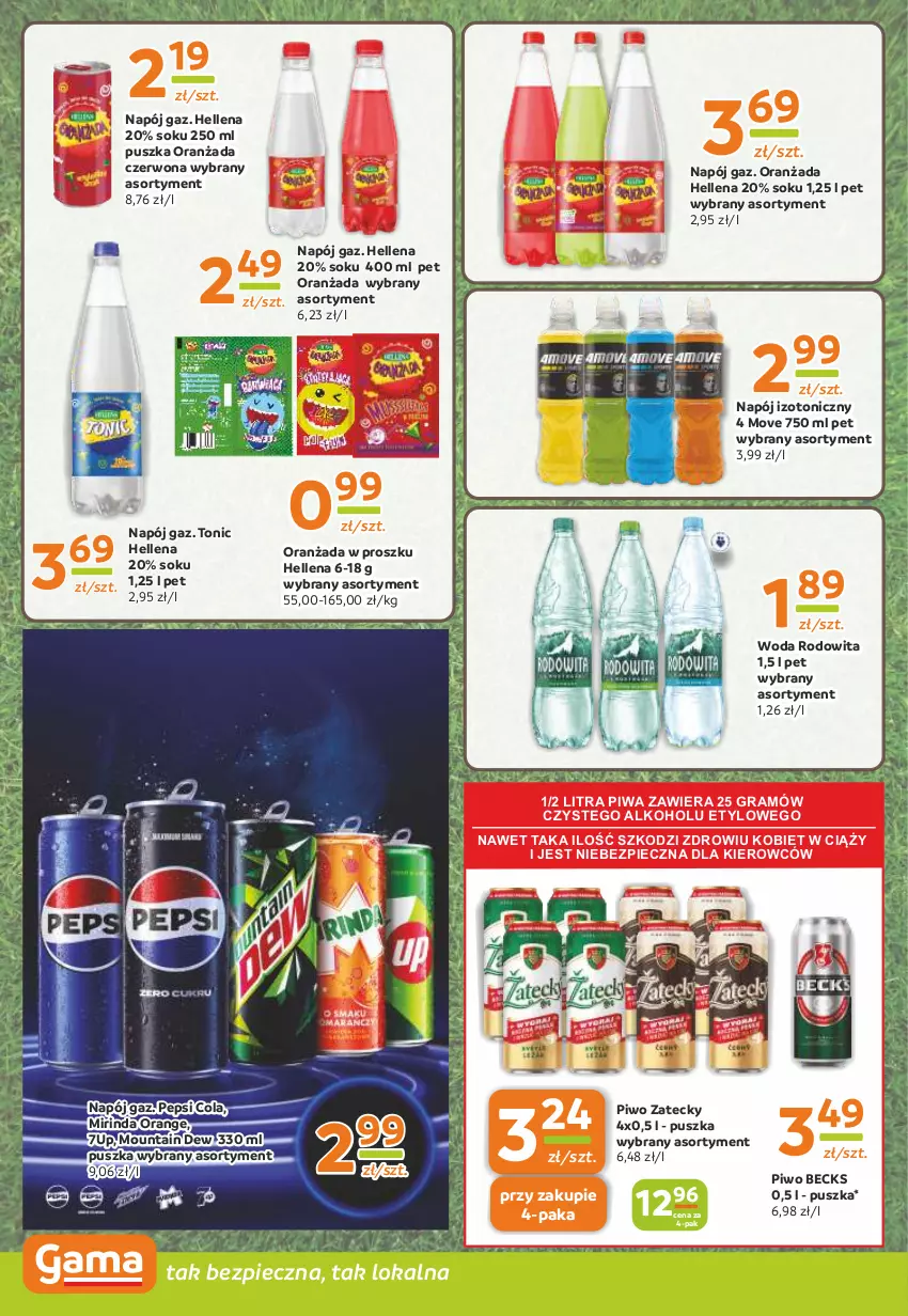 Gazetka promocyjna Gama - Gazetka Gama - ważna 13.06 do 25.06.2024 - strona 10 - produkty: 7up, Gra, Hellena, Mirinda, Napój, Napój izotoniczny, Oranżada, Pepsi, Piec, Piwa, Piwo, Sok, Woda