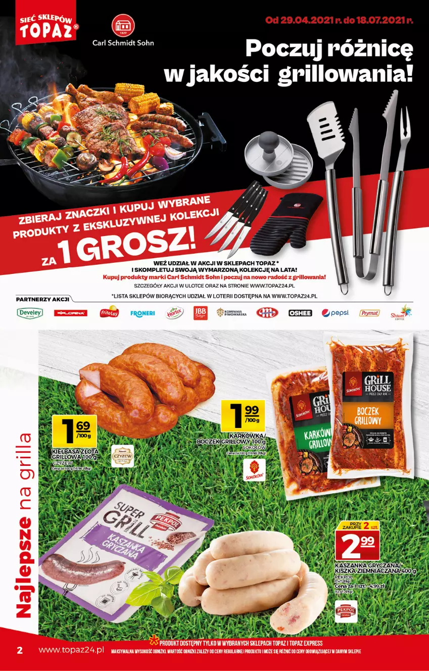 Gazetka promocyjna Topaz - Gazetka - ważna 22.04 do 28.04.2021 - strona 2 - produkty: Boczek, Grill, Kiełbasa, Pekpol, Sok, Sokołów, Top