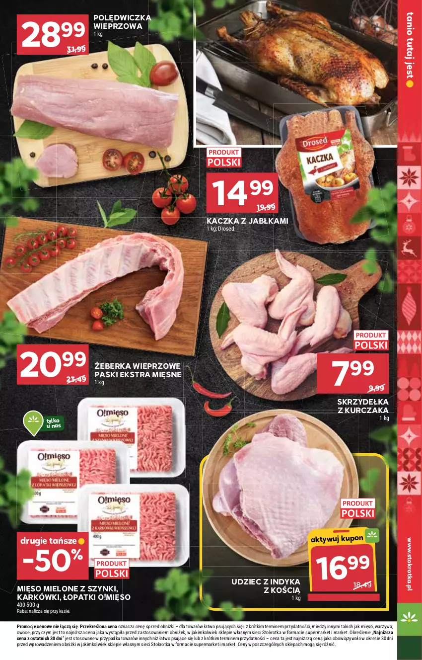 Gazetka promocyjna Stokrotka - Supermarket - ważna 18.12 do 21.12.2025 - strona 15 - produkty: Jabłka, Kaczka, Kurczak, Mięso, Mięso mielone, Mięso mielone z szynki, Owoce, Polędwiczka wieprzowa, Skrzydełka z kurczaka, Udziec z indyka, Warzywa