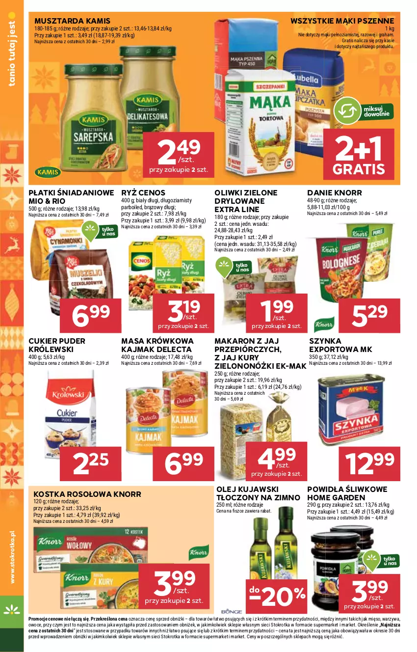 Gazetka promocyjna Stokrotka - Supermarket - ważna 18.12 do 21.12.2025 - strona 31 - produkty: Cenos, Cukier, Cukier puder, Danio, Delecta, Gra, Kamis, Knorr, Królewski, Kujawski, Makaron, Masa krówkowa, Mięso, Mus, Musztarda, Olej, Oliwki, Oliwki zielone, Owoce, Por, Puder, Ryż, Szynka, Warzywa